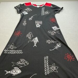 Copa Cabana Tribal Fish Print T-Shirt Dress Medium Black Red Cotton Midi Casual